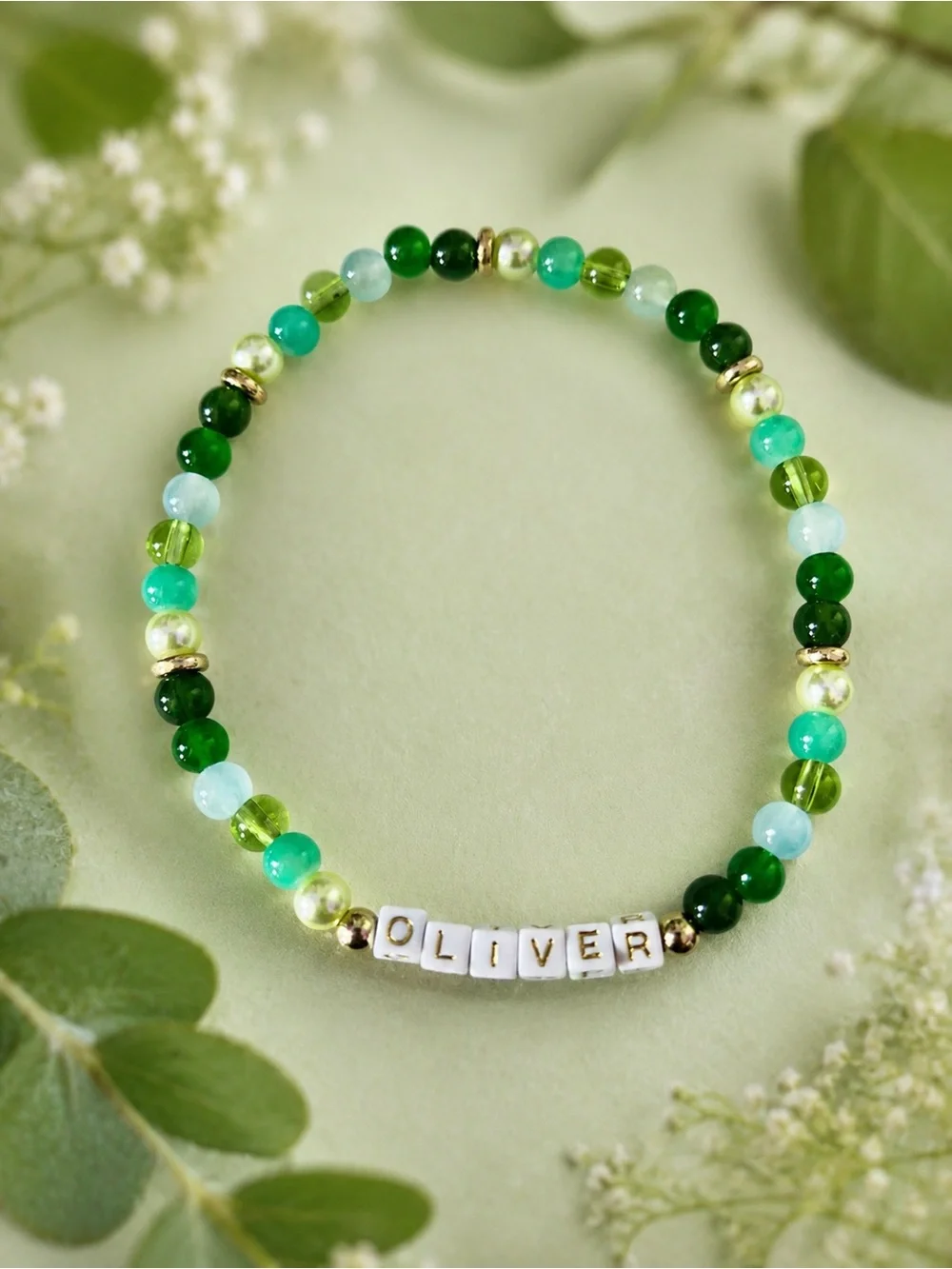 Oliver Green Beaded Stretch Cat Collar | Handmade with Gold Accents 12”